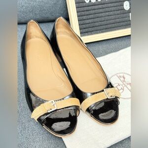 Hermes Black Patent Leather Peep toe Flat shoes size 39.5